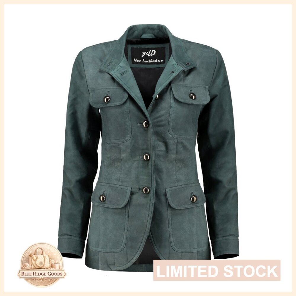 Real Leather Blazer Jacket with Cuff Sleeves and Four Pockets